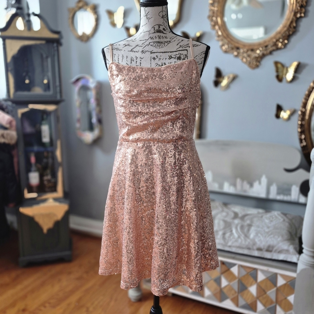 NWT Cider 80s Party Vibe Barbiecore Peach Sequin Spaghetti Strap Dress XL